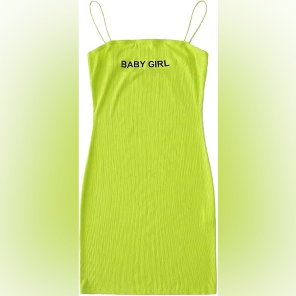 ‘Baby Girl’ Bright Green Spaghetti Strap Rib Knit Mini Dress
